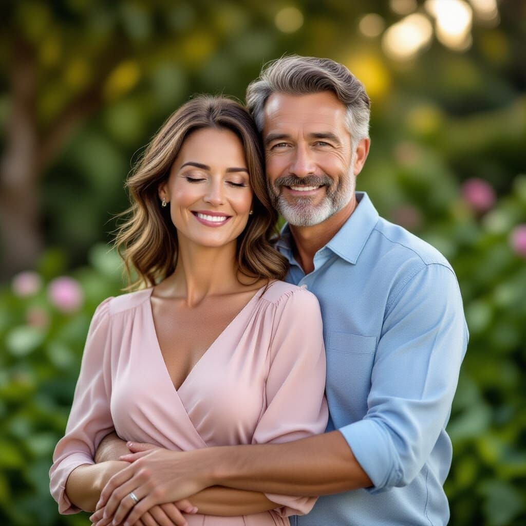 Couple in Evening Garden Embrace, Photorealistic