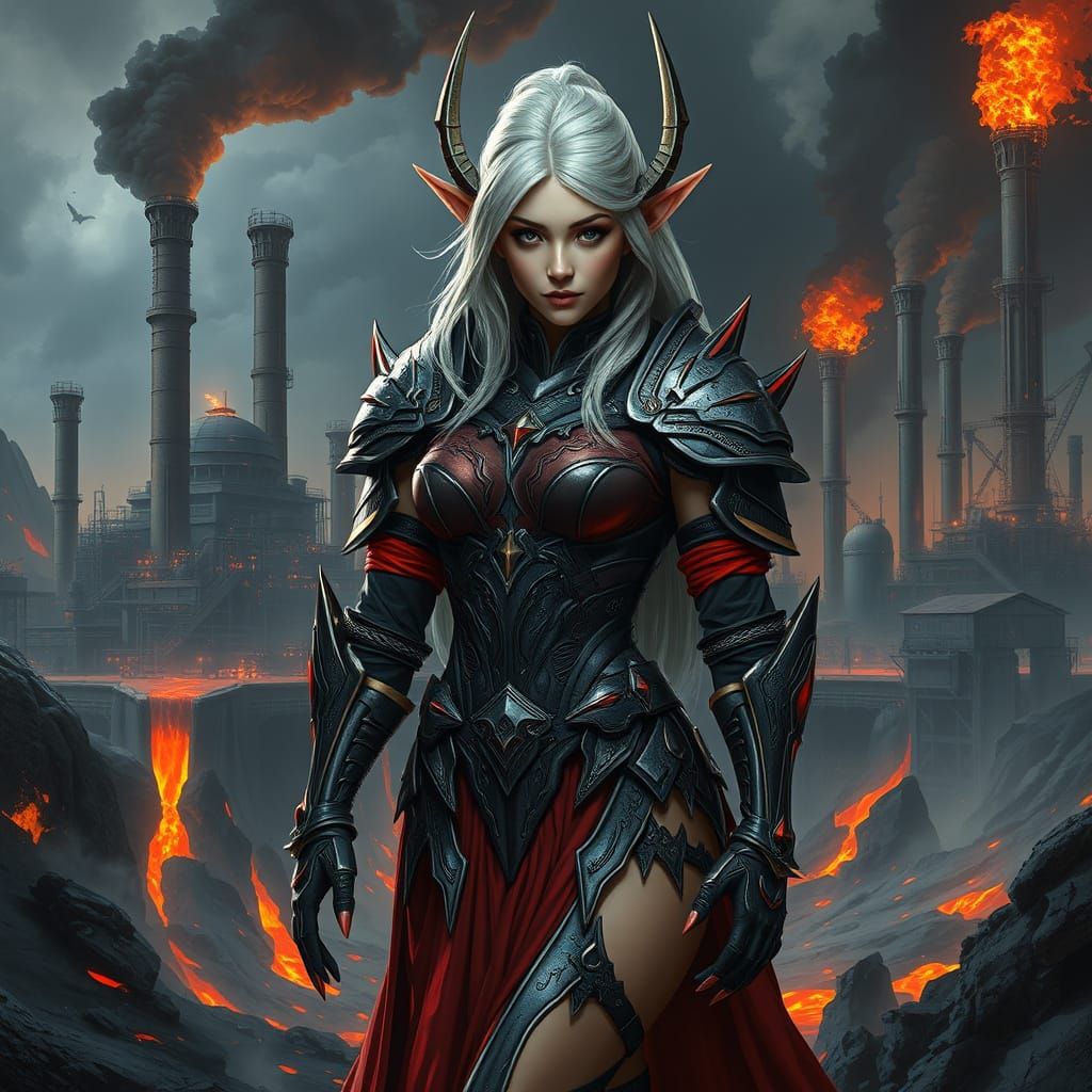 Medieval Fantasy Warrior Amidst Industrial Ruin in Dark Goth...