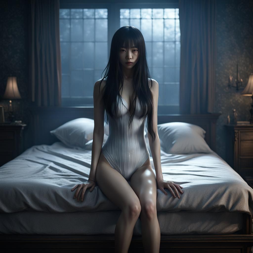 Detailed Ghostly Figure on Wet Bed in Fantasy Art