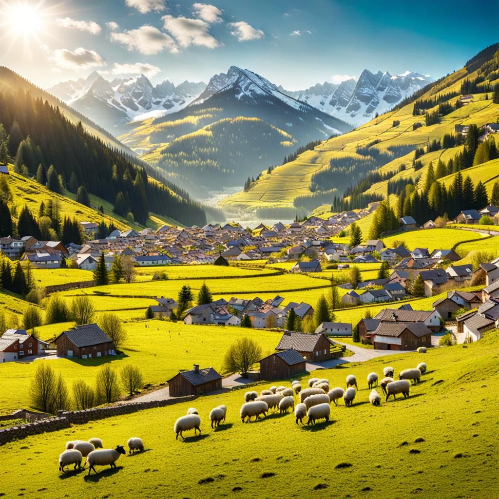 Idyllic Modern Village Valley Scene in 8k