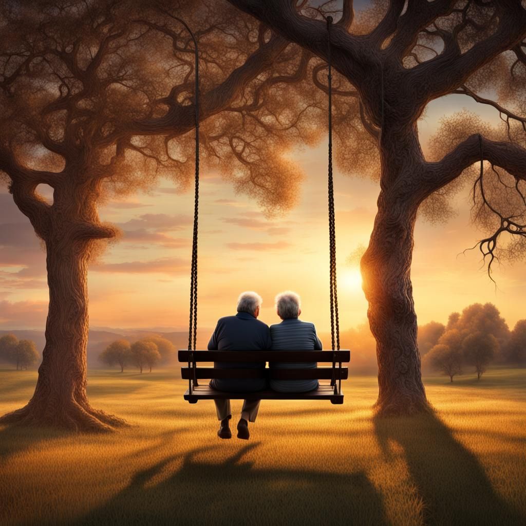 Romantic Sunset: Elderly Couple on a Swing