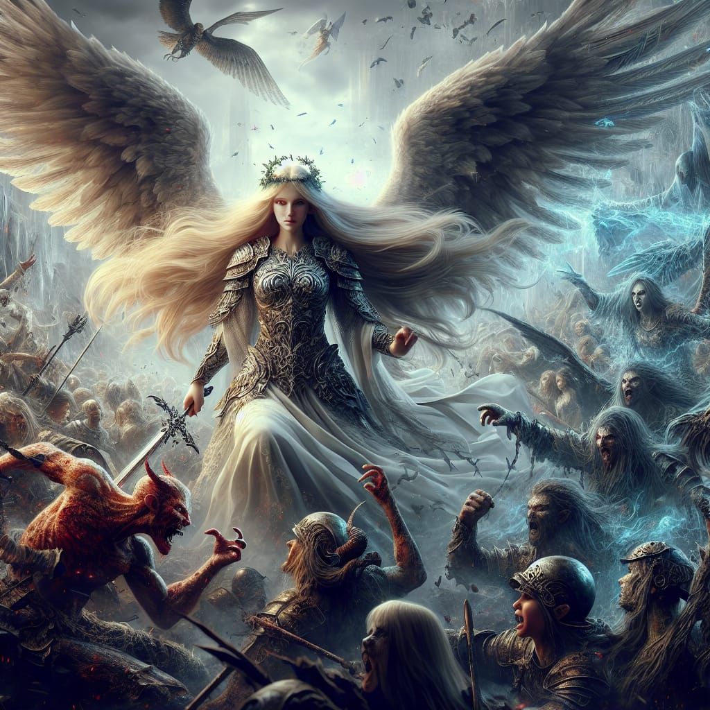 Warrior Angel Fighting Demons on Battlefield in HDR