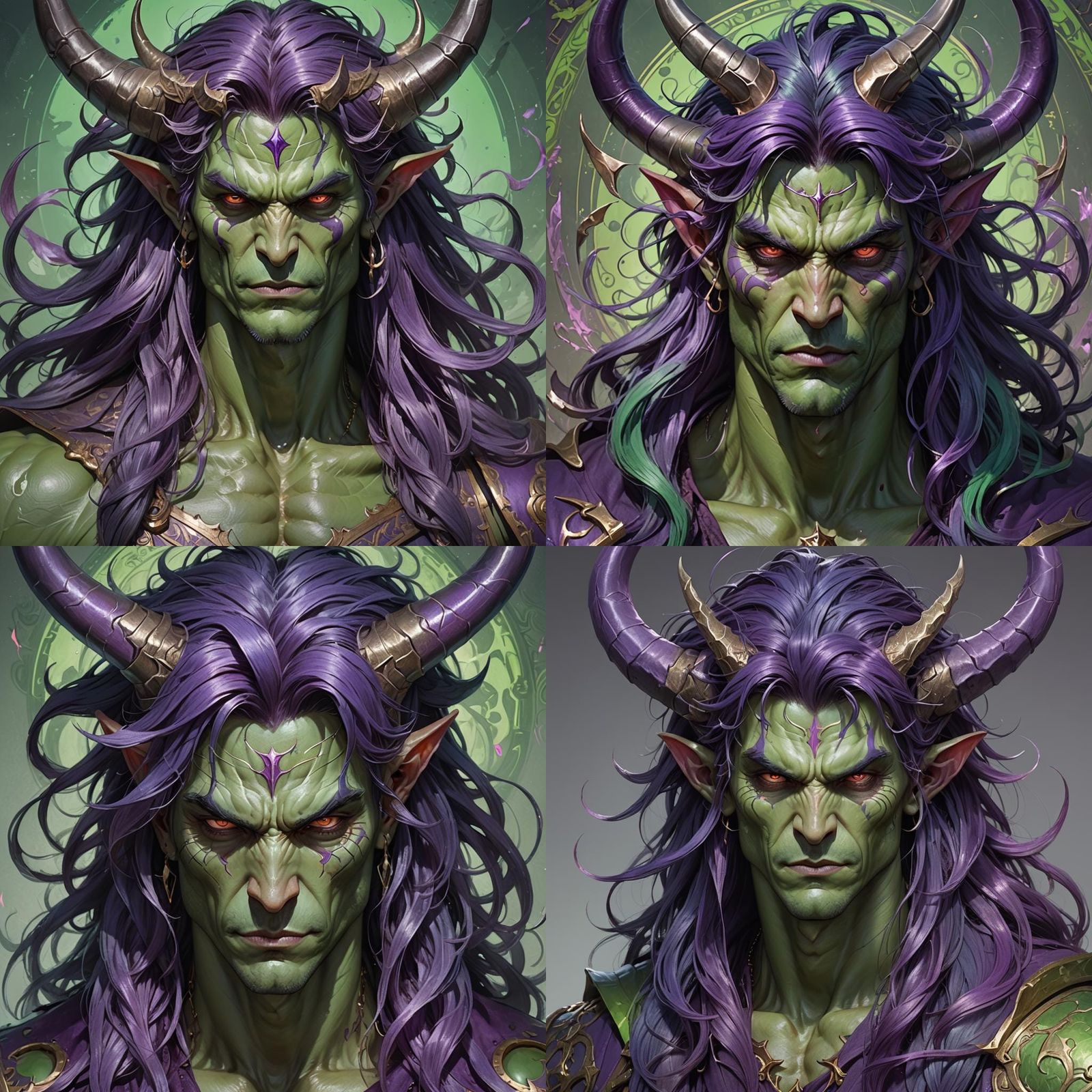 Green Demon Portrait with Purple Hair, Detailed Digital Art