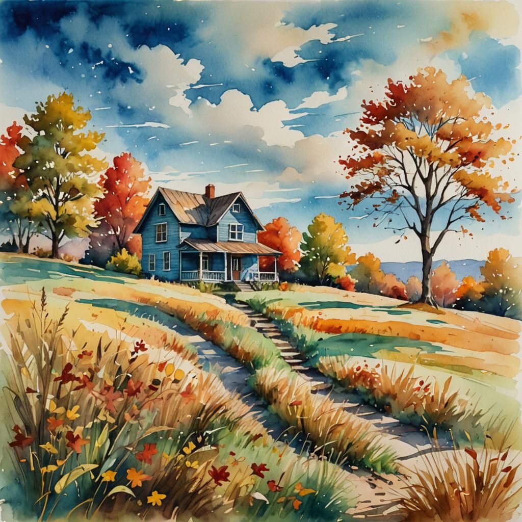Charming House on Hill in Watercolor Style