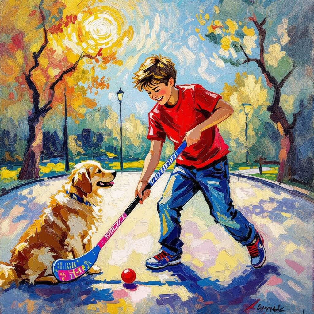 Student Plays Floorball with Golden Retriever in Van Gogh St...