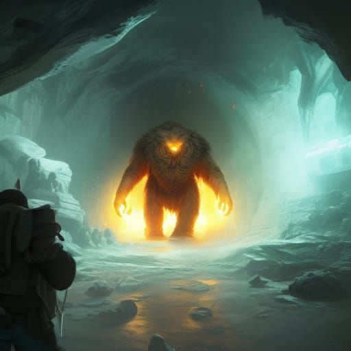 Yeti in Cavern During Snowstorm, Dark Fantasy Art
