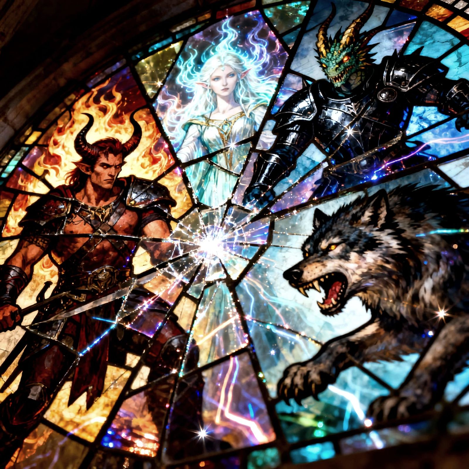 Shattered Stained Glass Mural of Fantasy Warriors