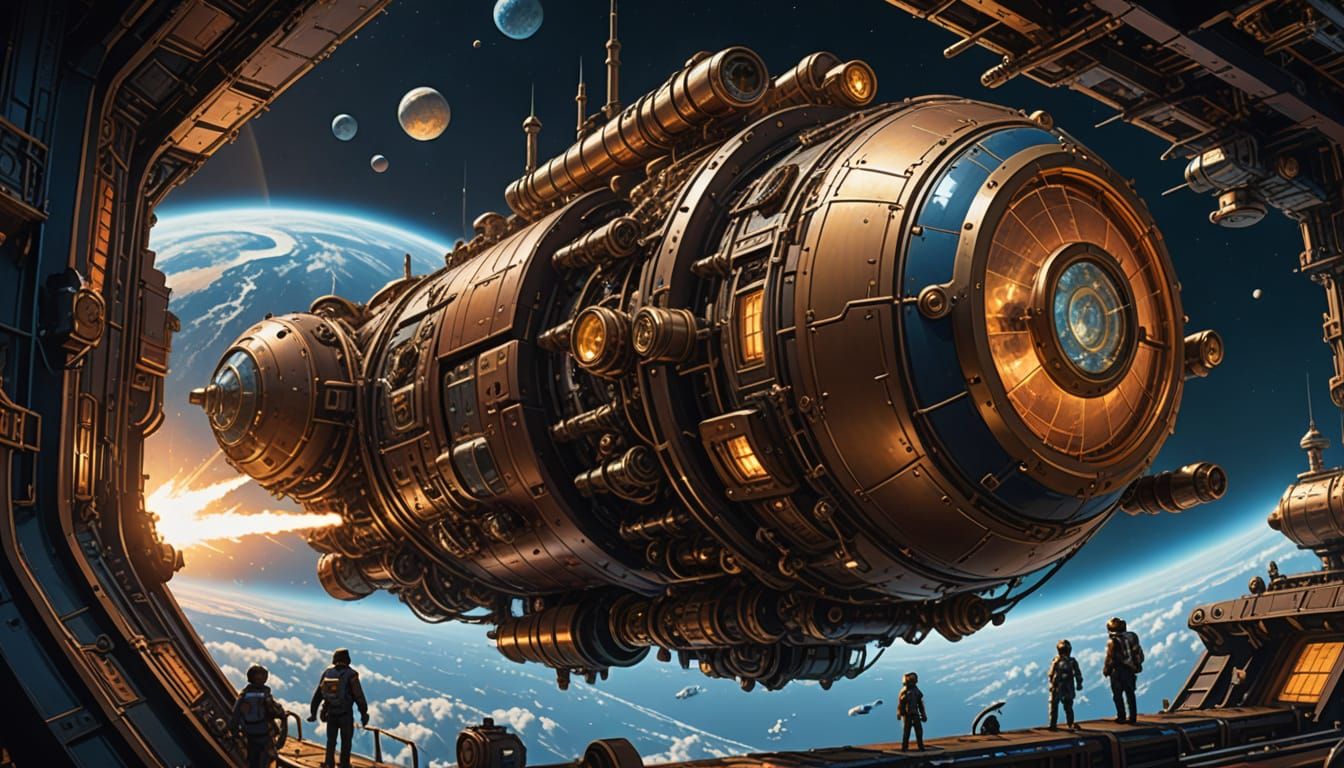 Surreal Steampunk Space Station Orbiting Earth