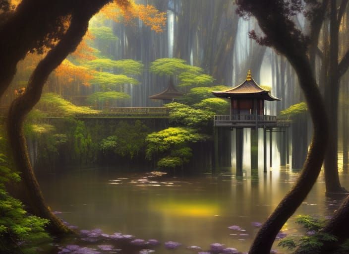 Japanese Garden with Pavilion in Art Nouveau Style