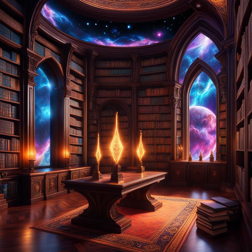 Magical Library Hallway with Galaxy View Ceiling