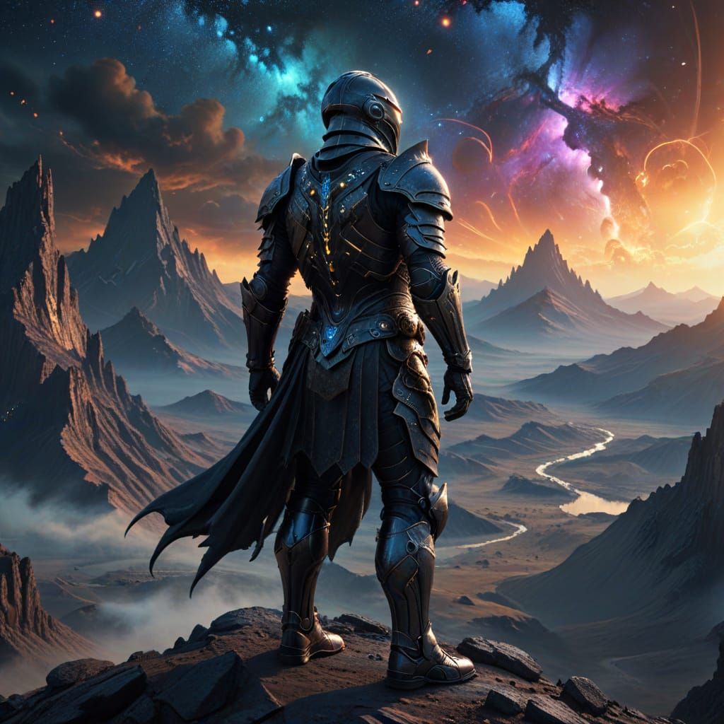 Knight on Alien Mountain Overlooking Nebula Landscape