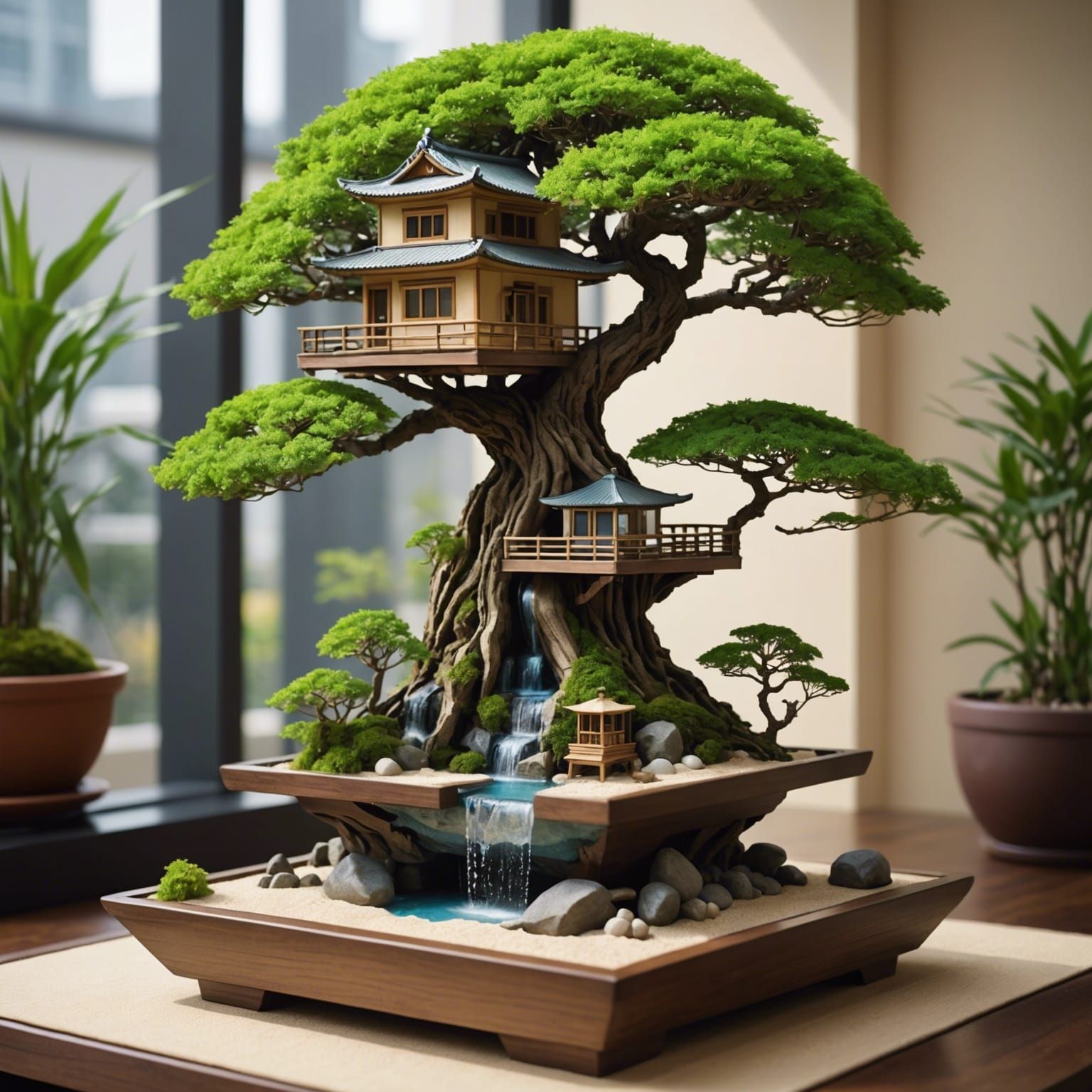 Futuristic Bonsai Treehouse in Zen Garden