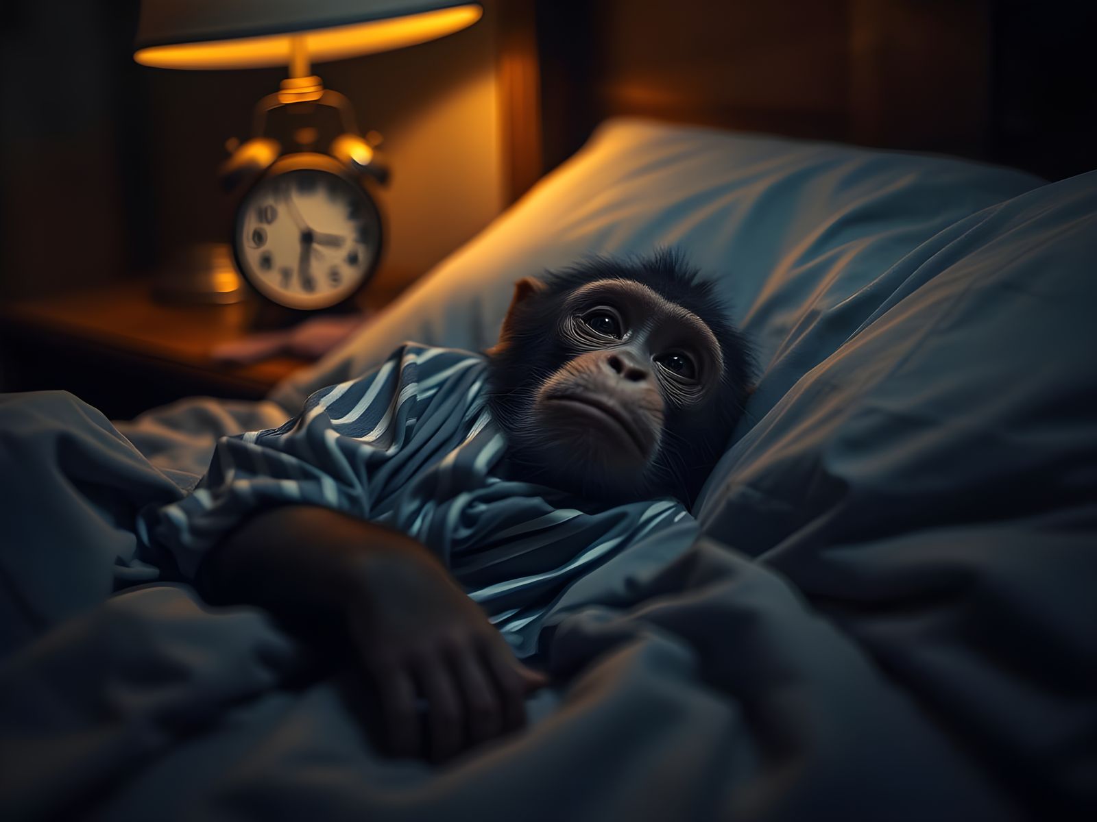 Monkey Wears Pajamas in Cozy Midnight Bedroom