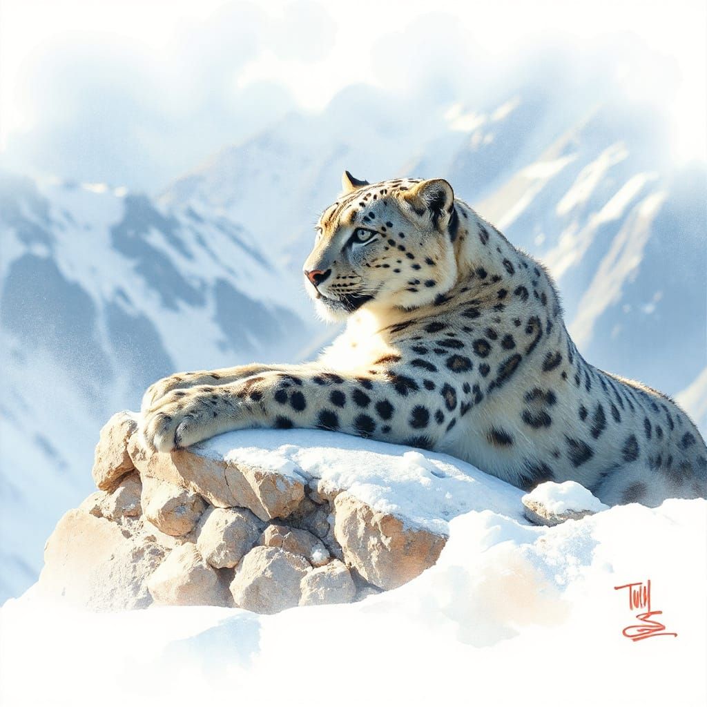 Snow Leopard on Frosty Ledge in Watercolor Style