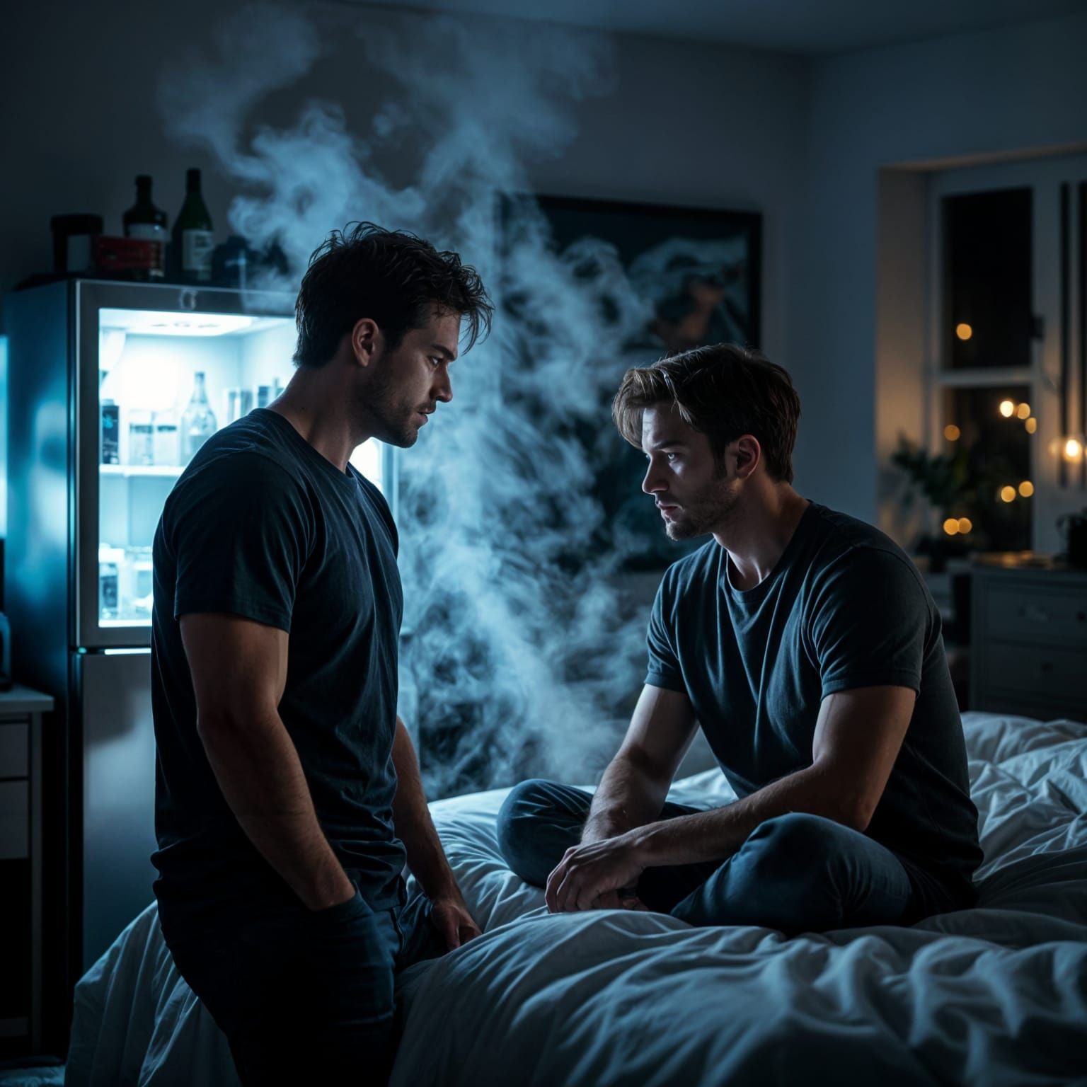 Tense Interaction in Dimly Lit Modern Apartment