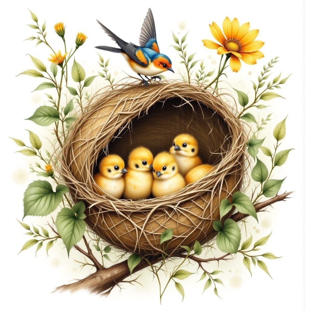 Watercolor Illustration of Swallows Nesting in Hat