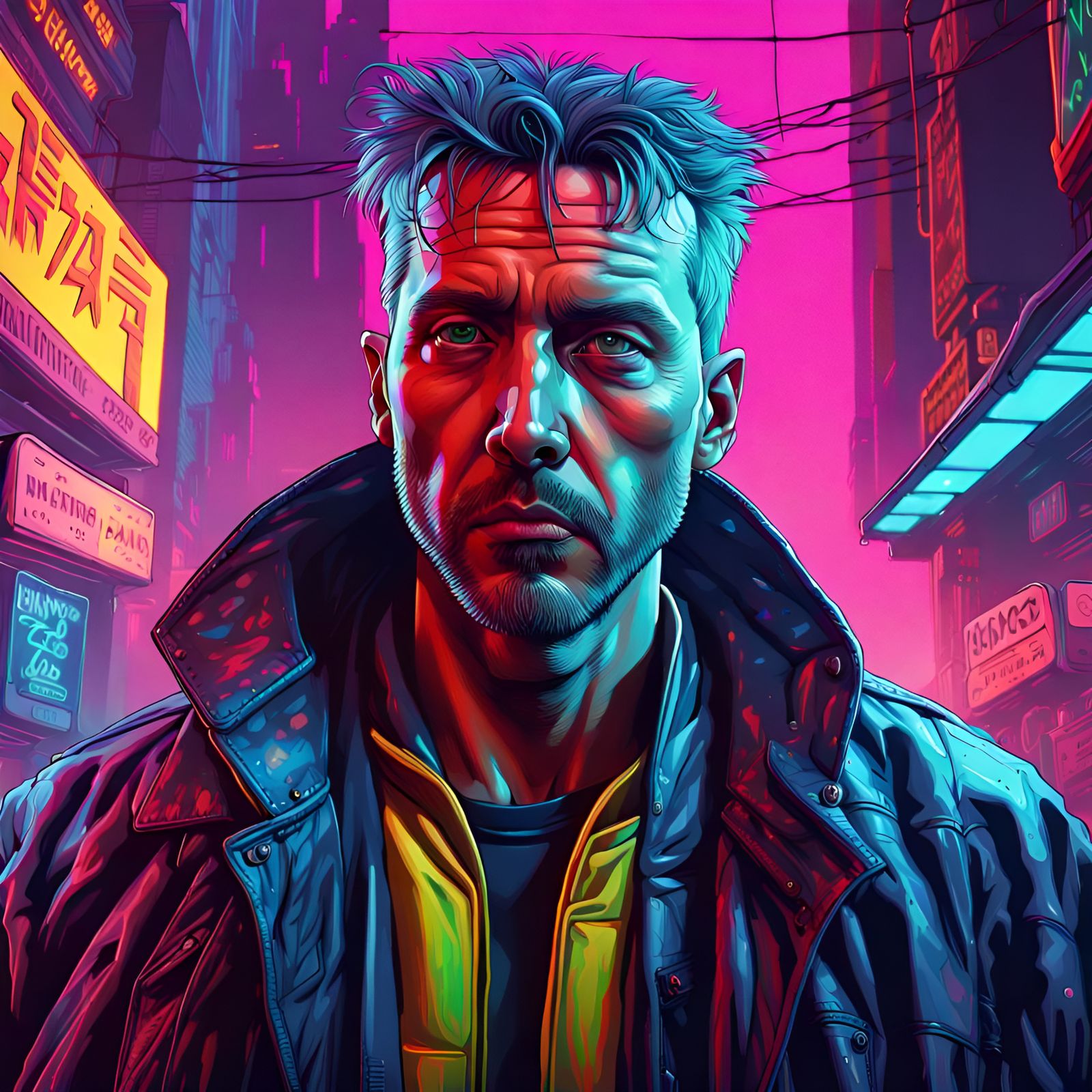 Hyperrealistic Detective in Cyberpunk Neon City