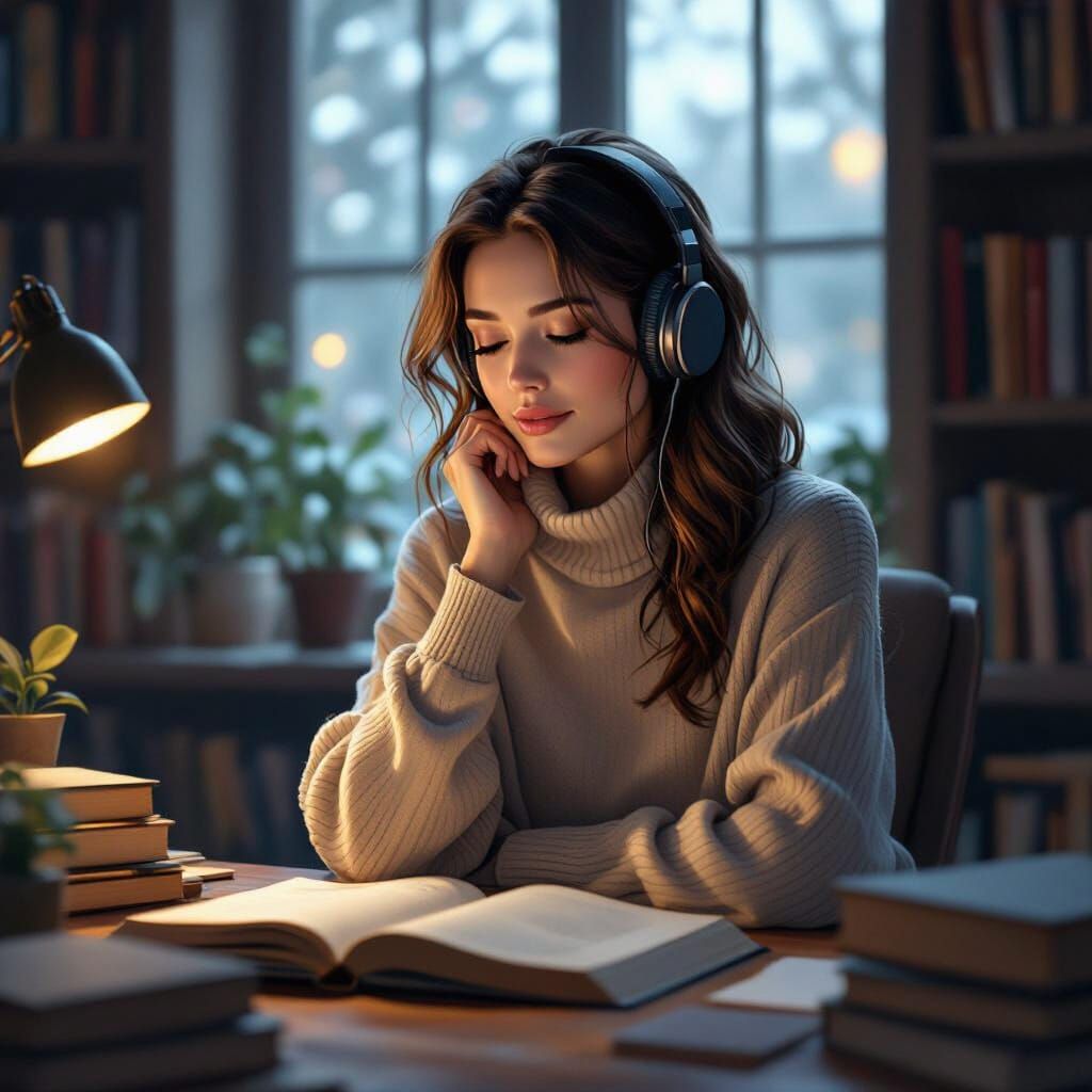 Serene Woman in Library Listening to Music