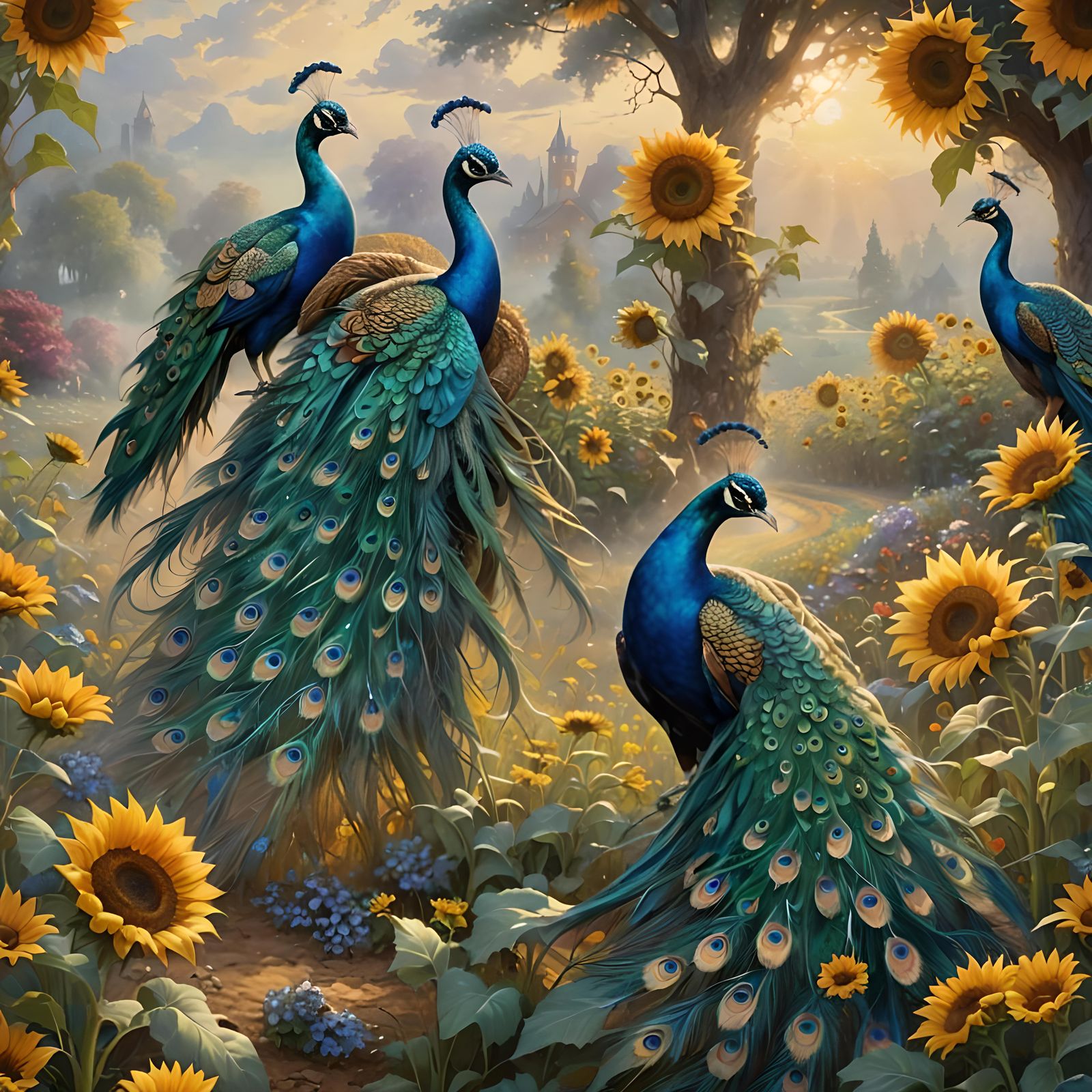 Peacocks Dancing in Sunflower Field: Ethereal Fantasy