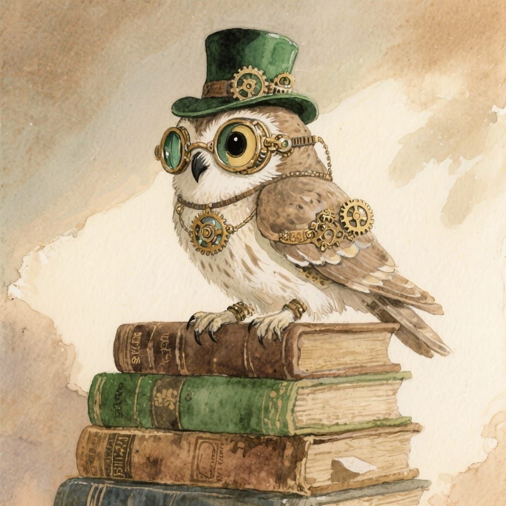 Steampunk Owl Watercolor Painting