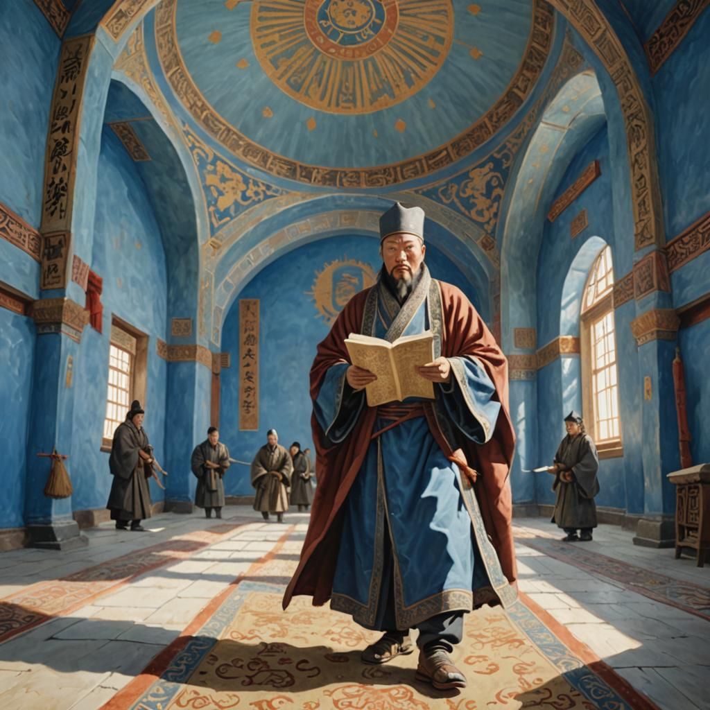 Mongol Emperor Reading Scroll Under Dome