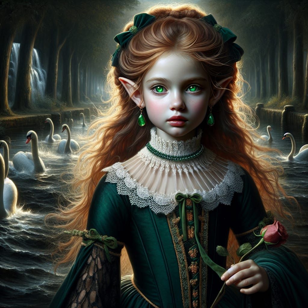Elven Girl in Stream, Rembrandt-Style Oil Painting