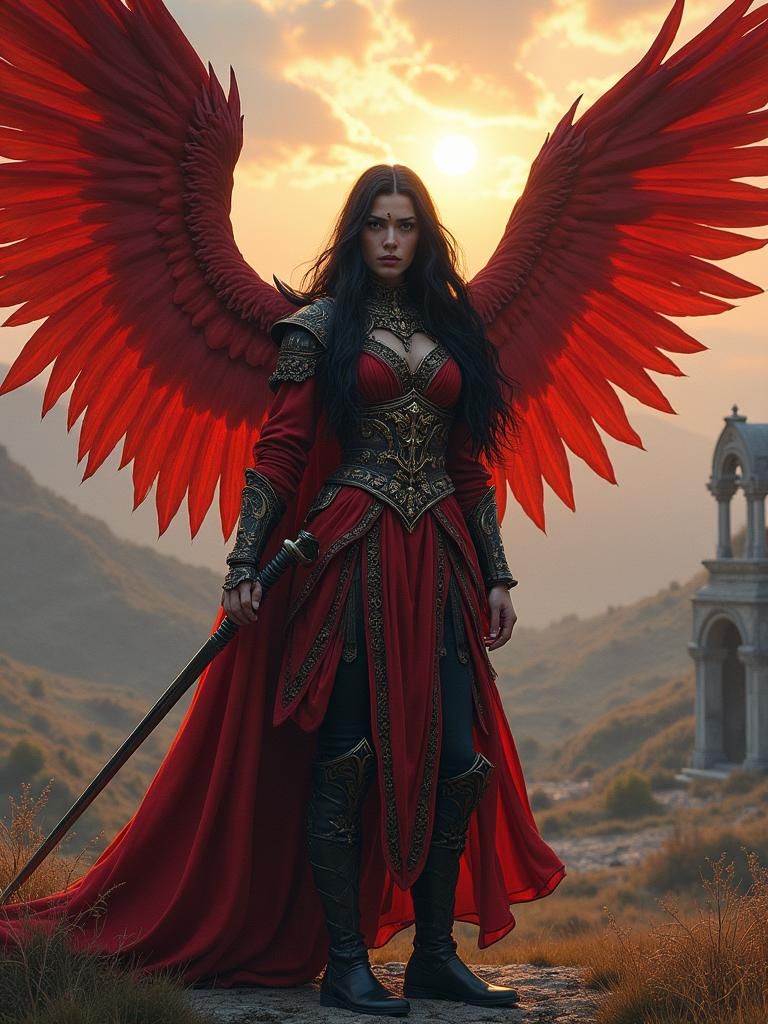 Cossack Warrior Woman with Red Wings, Matte Painting