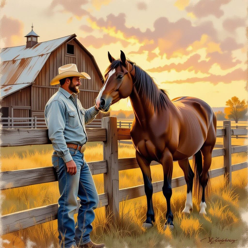 Rancher and Quarter Horse at Sunset: Rural Landscape