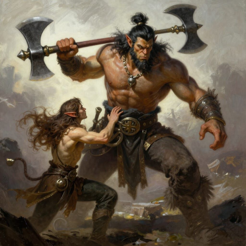Epic Fantasy Art: Muscular Orc Defends Young Elf