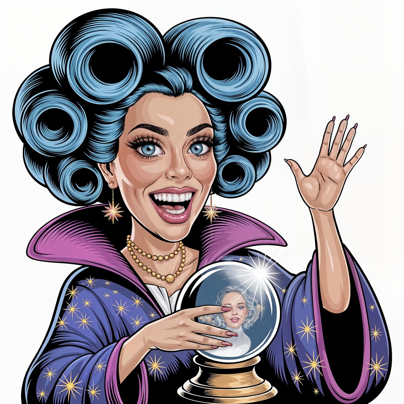 Whimsical Fortune Teller with Sparkling Eyes and Joyful Smil...