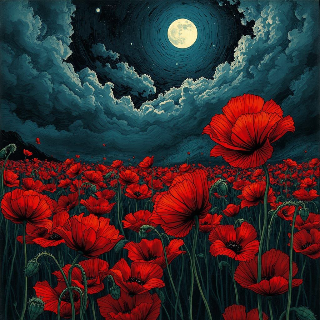 Stormy Moonlit Night Over Crimson Poppy Field
