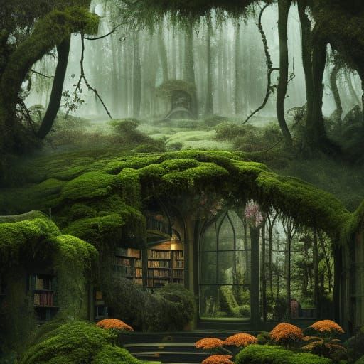 Overgrown Library: A Maximalist Digital Painting