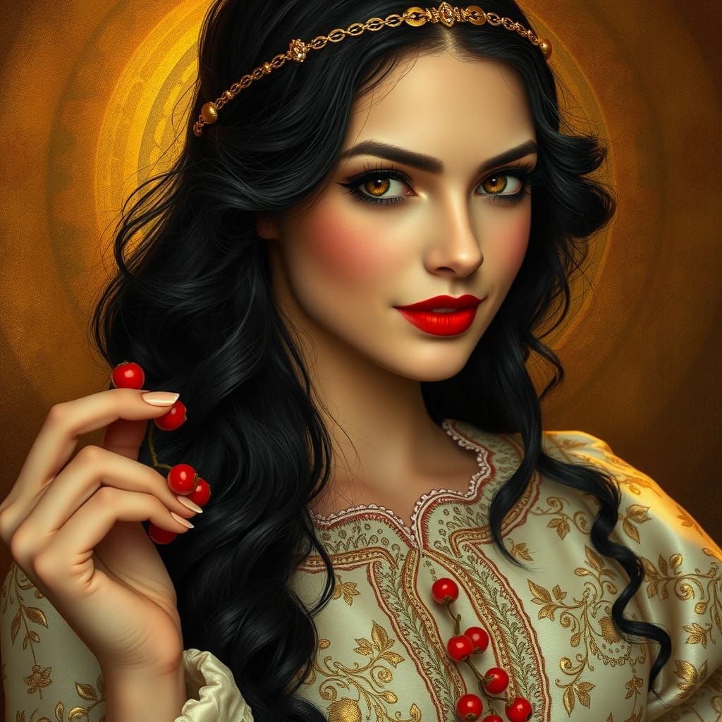 Ravishing Brunilde in Medieval Gown with Golden Light