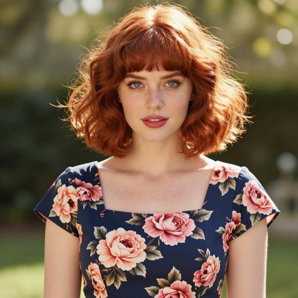 Woman with Red Bob in Floral Dress Portrait