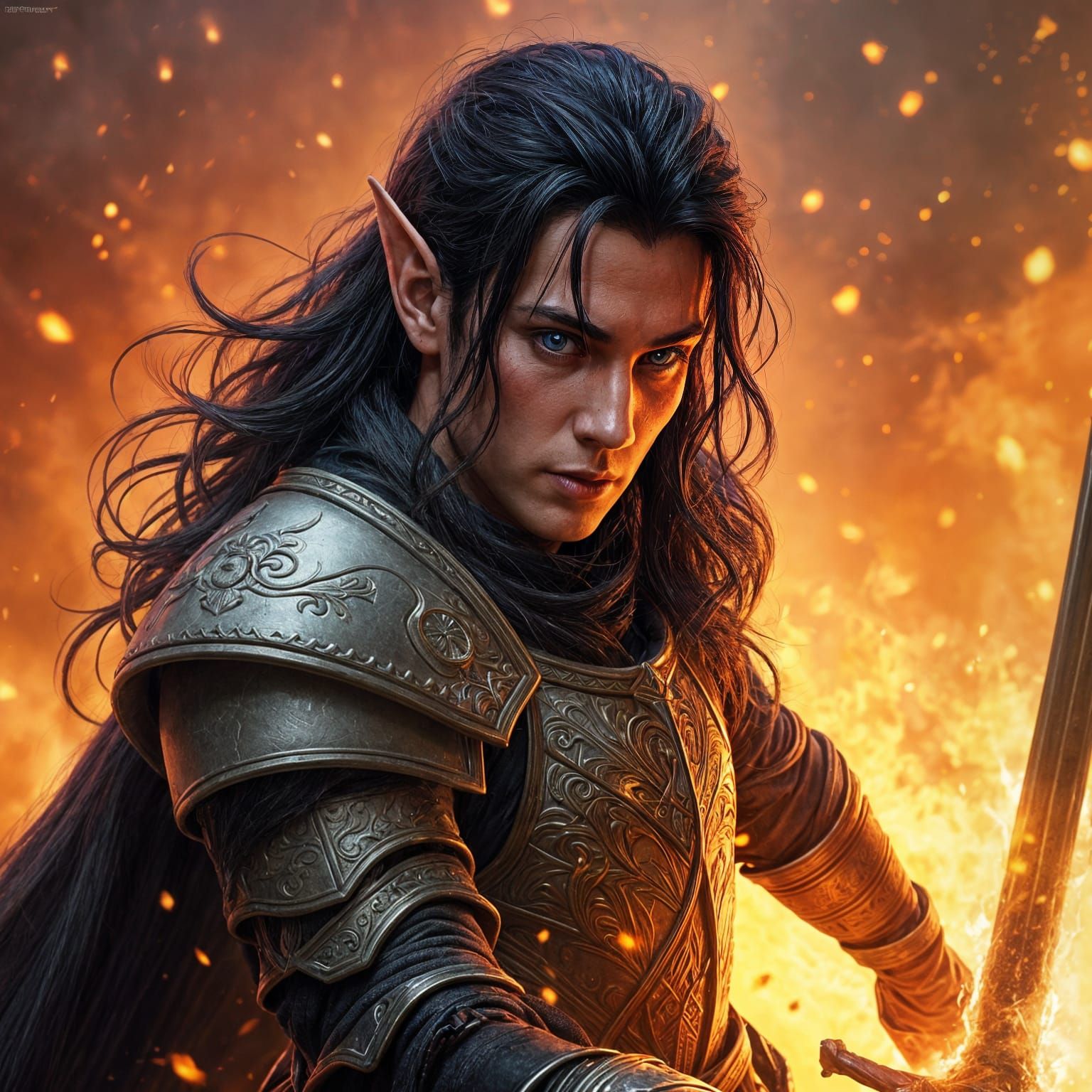 Elven Warrior Battles Fire in Hyperrealistic Style