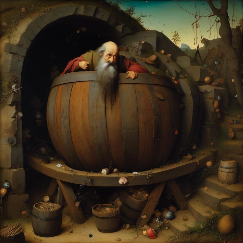 Diogenes in a Barrel, Bosch-Style Oil Painting