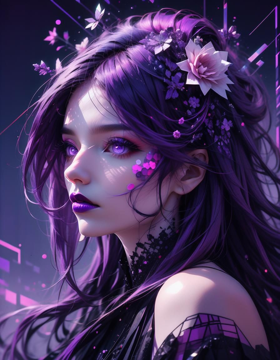 Glitch Art Portrait of a Purple-Haired Woman