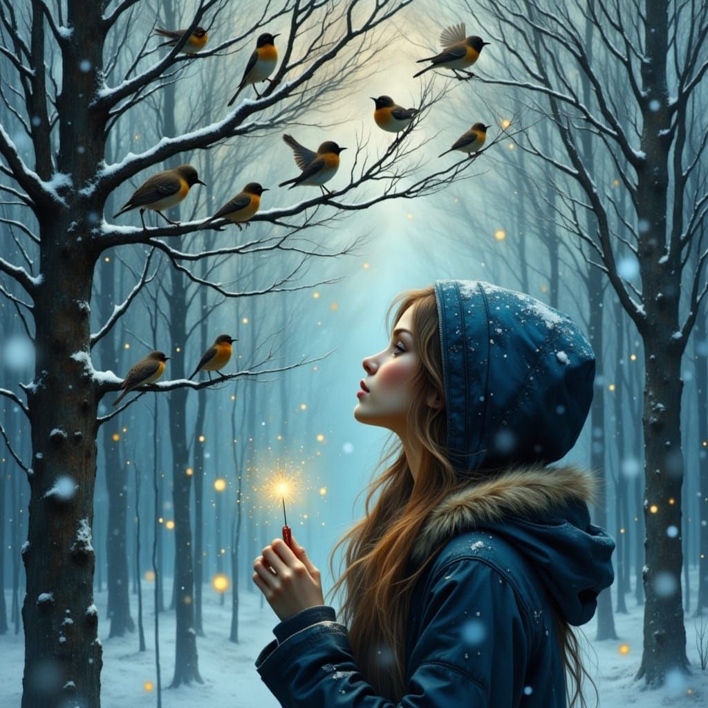 Girl in Winter Coat Gazes at Birds with Magic Wand