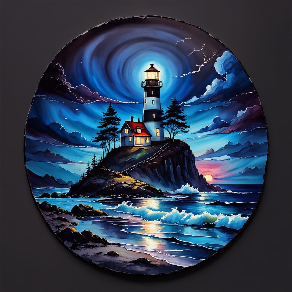 Vintage Lighthouse at Sunset in Alcohol Ink Style