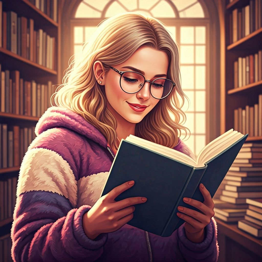 Woman Reading in Luminous Bookshop, Cinematic Digital Painti...