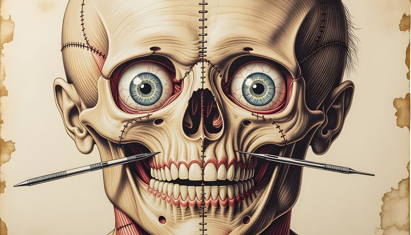 Anatomical Dissection: Mouth and Eyes on Canvas