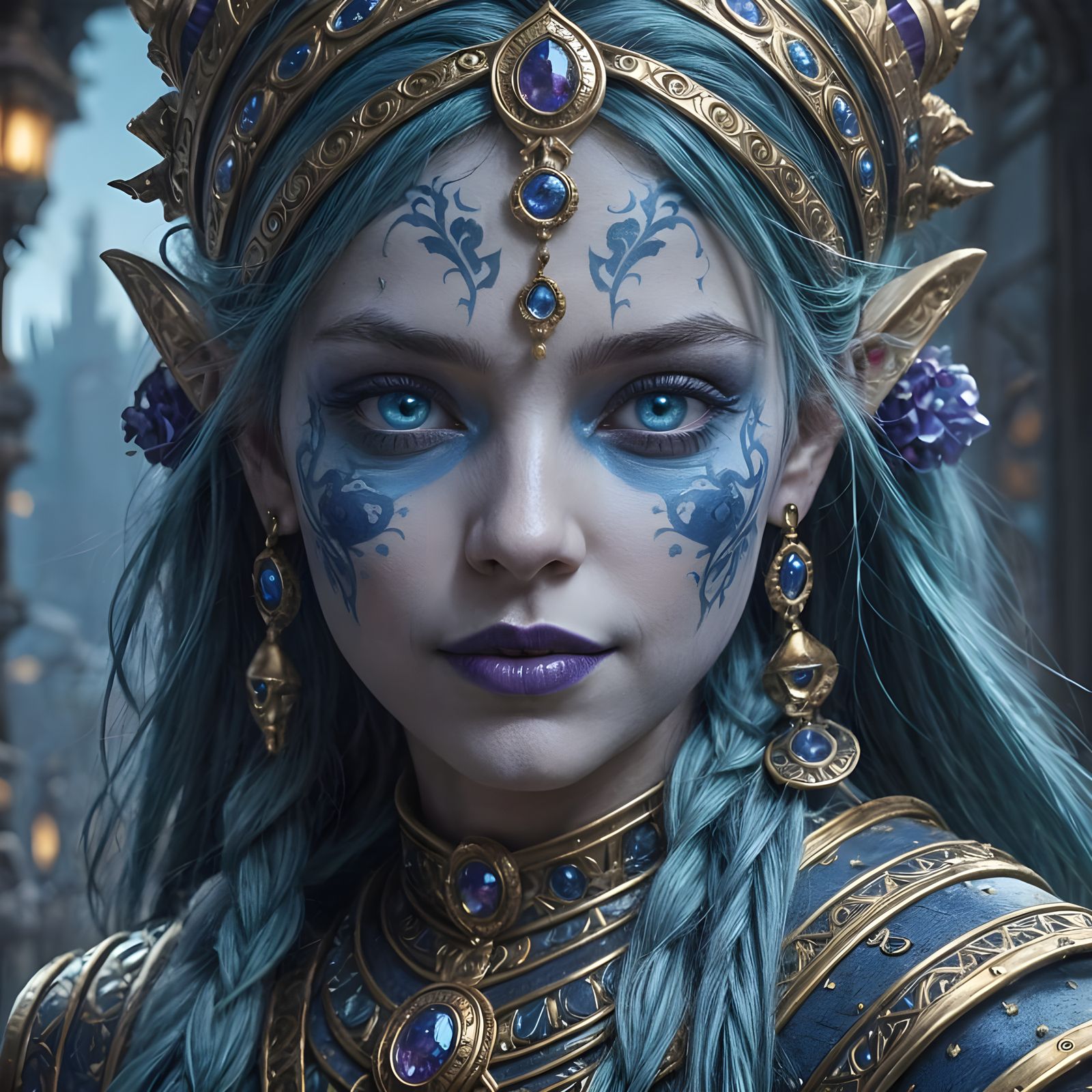 Enchanting Blue Skinned Figure Smiles in Dark Fantasy Settin...