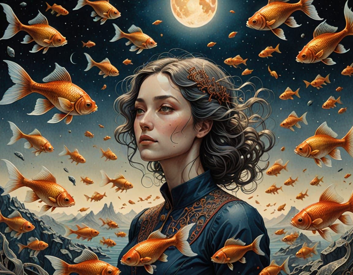 Ethereal Woman Surrounded by Goldfish in Outer Space