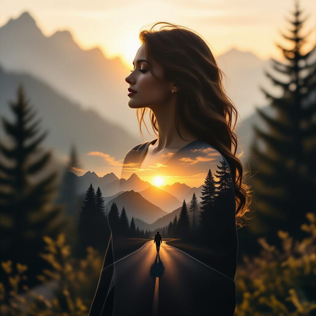 Woman's Silhouette in Golden Light, Ethereal Nature Unity