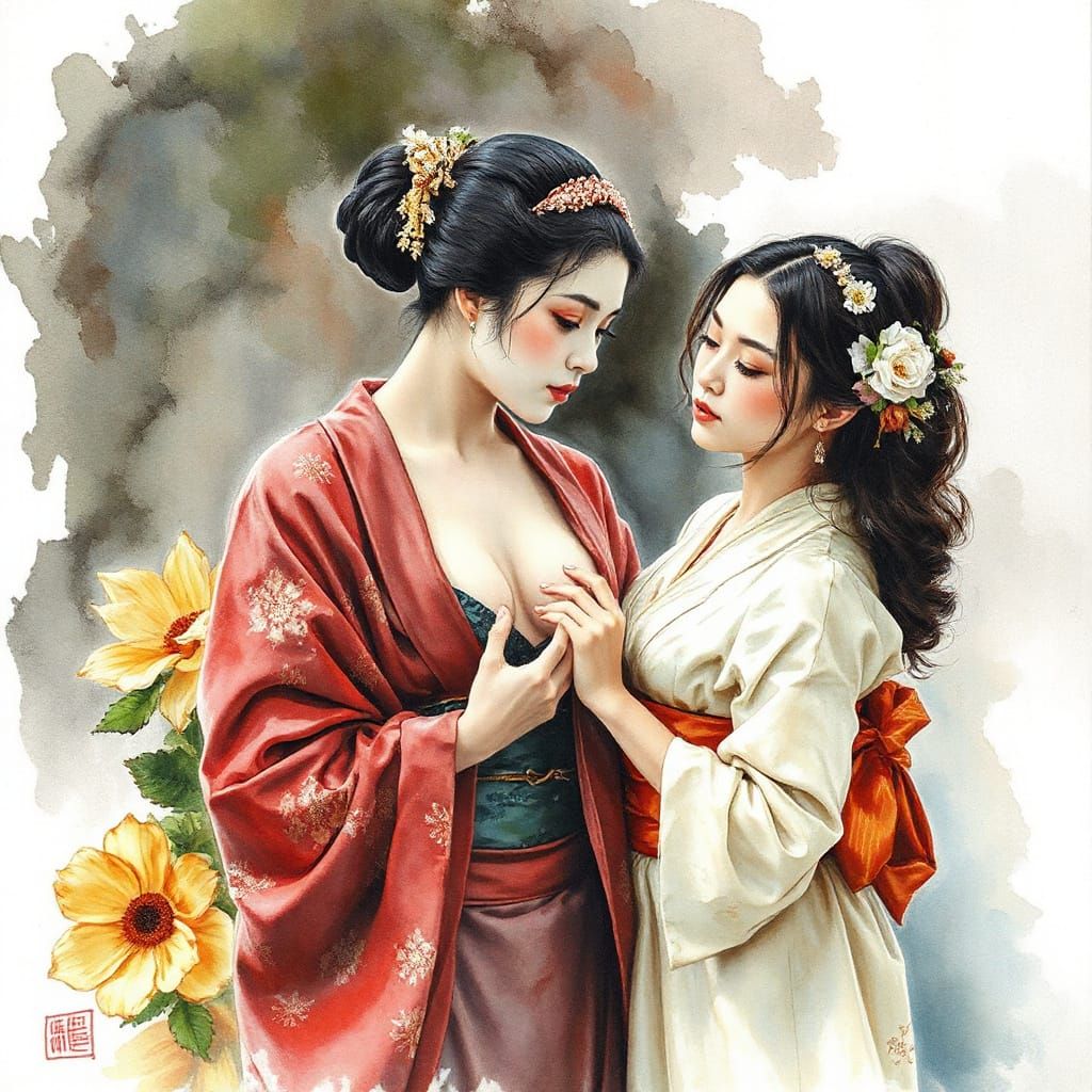 Erotic Geisha and Courtesan Watercolor Painting