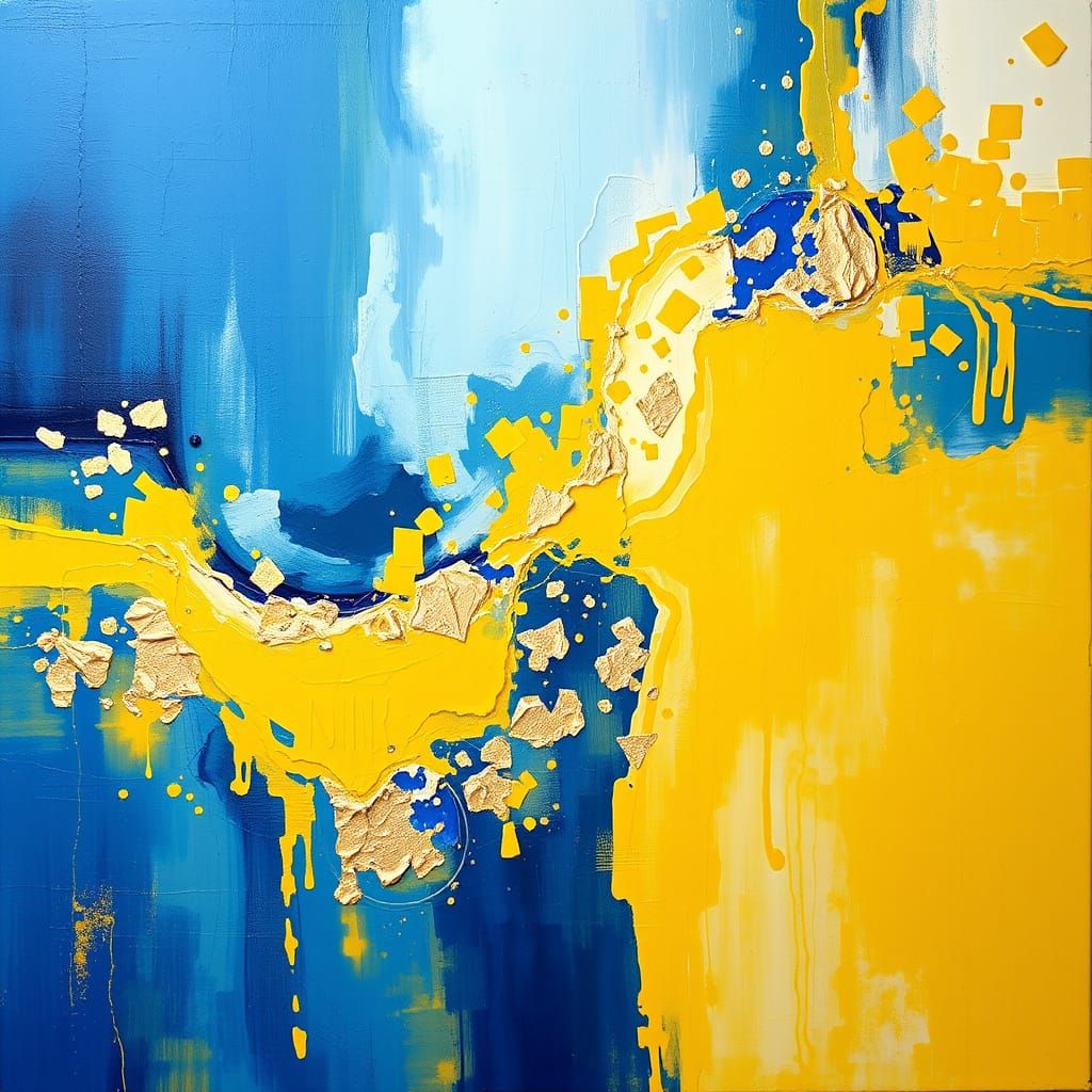 Imagine an abstract painting of blue and yellow and gold