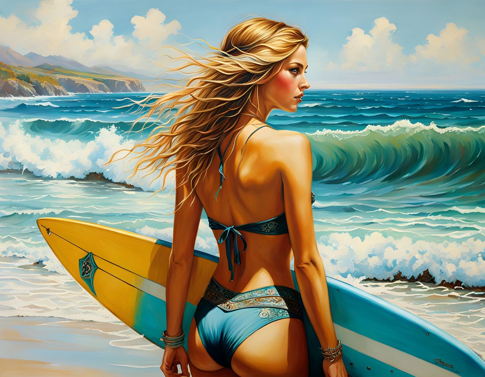 Beautiful Surfer Girl: Oil Painting on Canvas