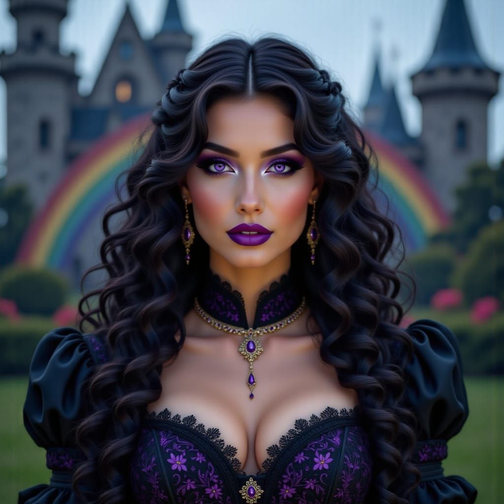 Witch in Gothic Attire Before Rainbow Castle