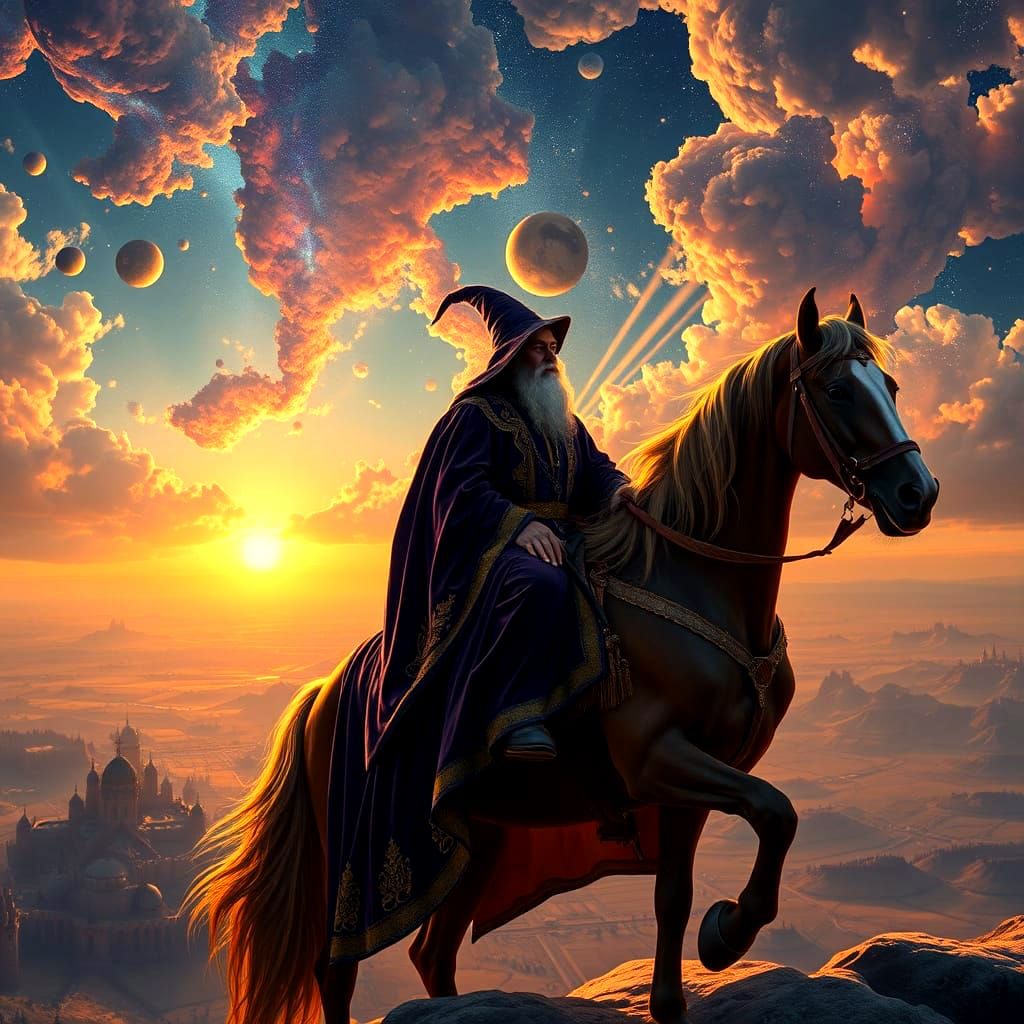Epic Wizard on Horseback Surveys Majestic Cosmic Kingdom