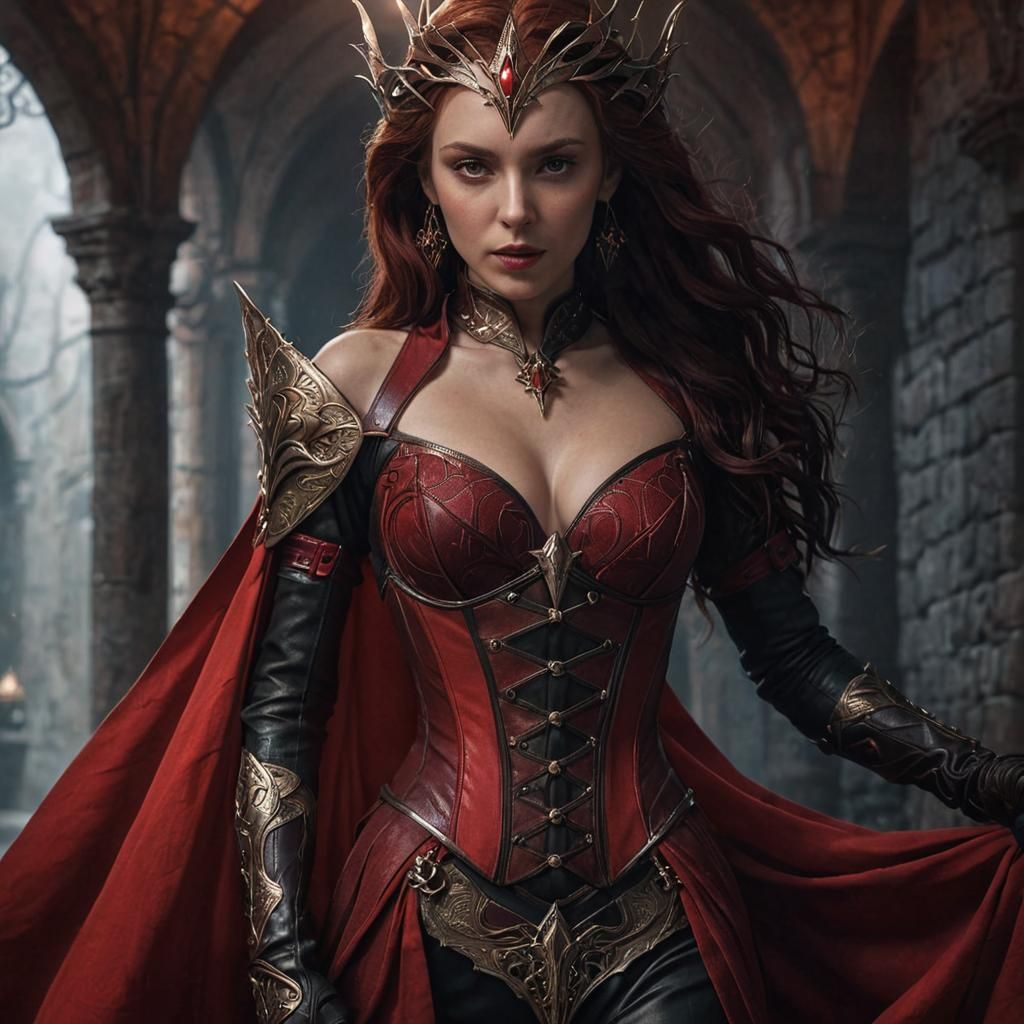 Scarlet Battlemage in Dark Medieval Alleyway Concept Art